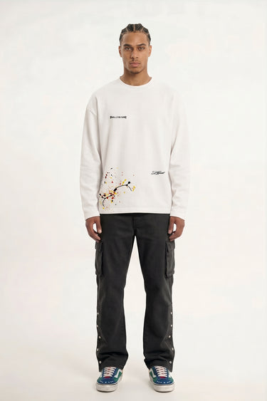 LOUD Art T-Shirt - Long Sleeve - White – front, worn | LOUD streetwear