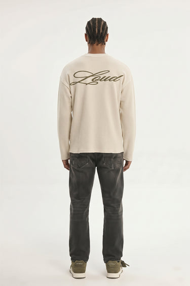 LOUD Art Dealer Waffle Long Sleeve - Ecru – back, worn | LOUD streetwear