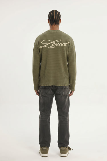 LOUD Art Dealer Waffle Long Sleeve - Khaki – back, worn | LOUD streetwear