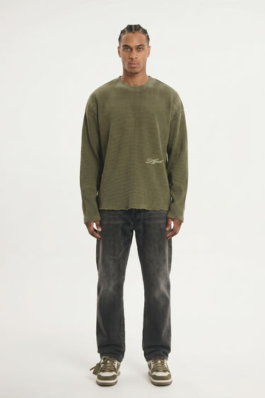 LOUD Art Dealer Waffle Long Sleeve - Khaki – front, worn | LOUD streetwear